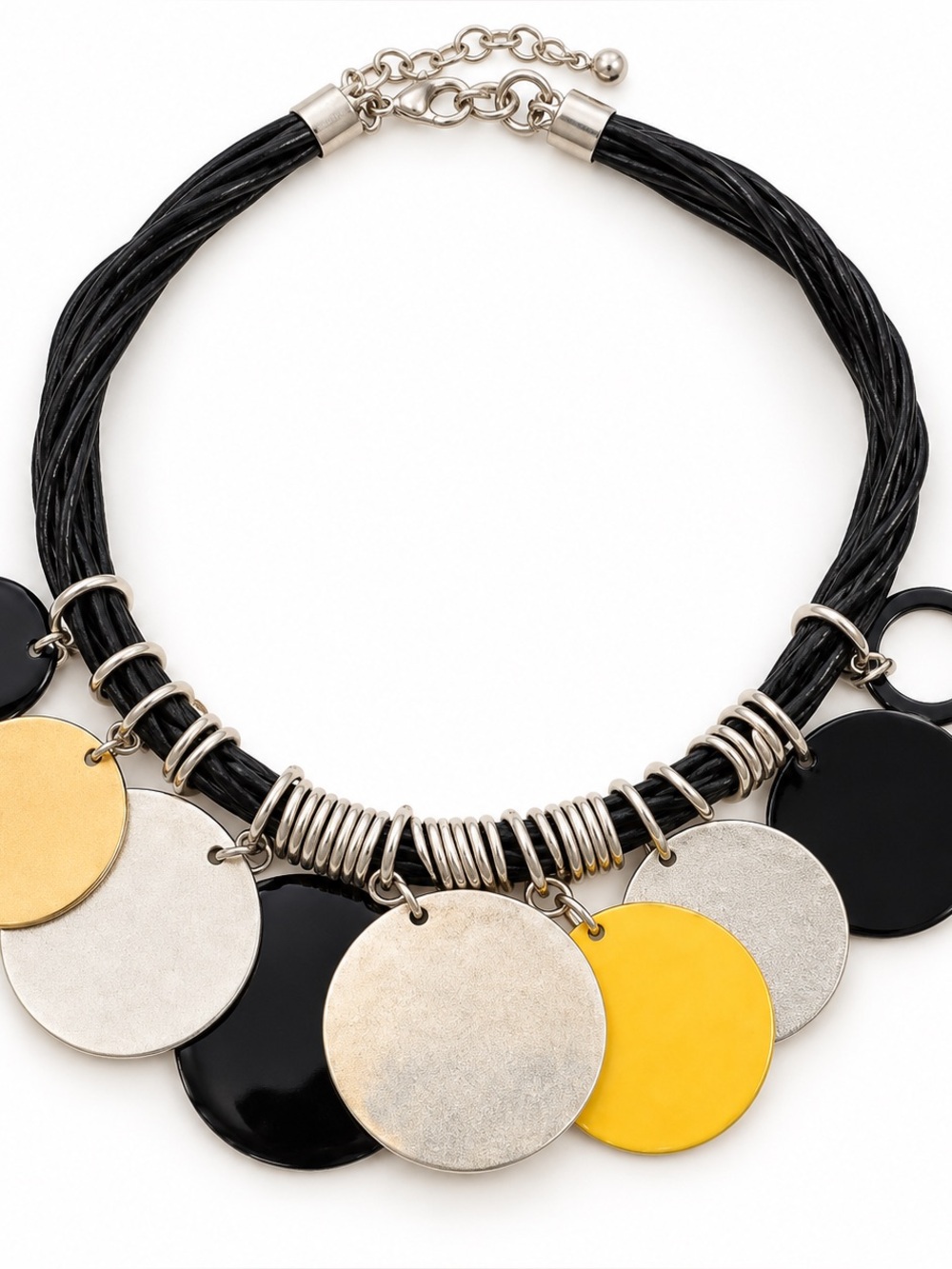 Chico’s Statement Disc Necklace Mixed Metal Black Cord NWT